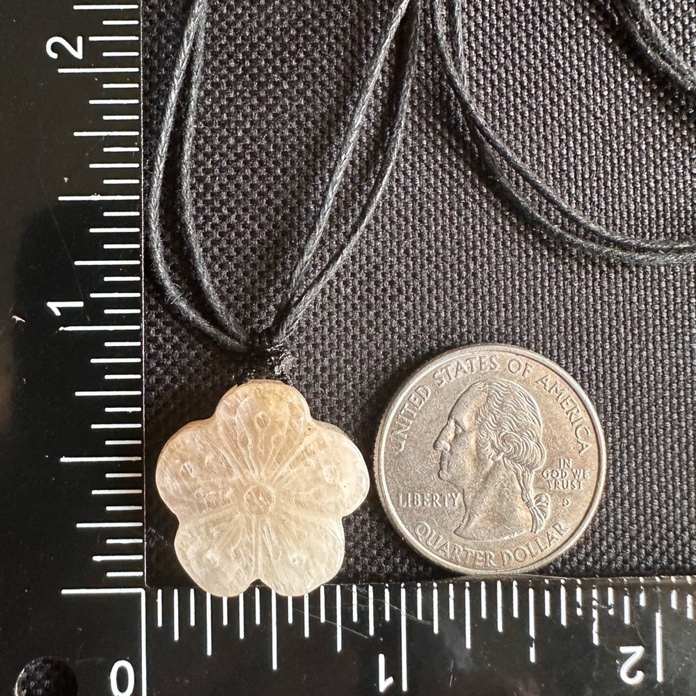 Small Moonstone Flower Pendant Necklace on Black Rope, Subtle Blue Flash - Picture 14 of 15
